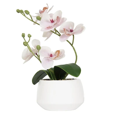 Parrigan Faux Pink Orchid in White Pot, 10.25in H x 6.5in W x 6in D