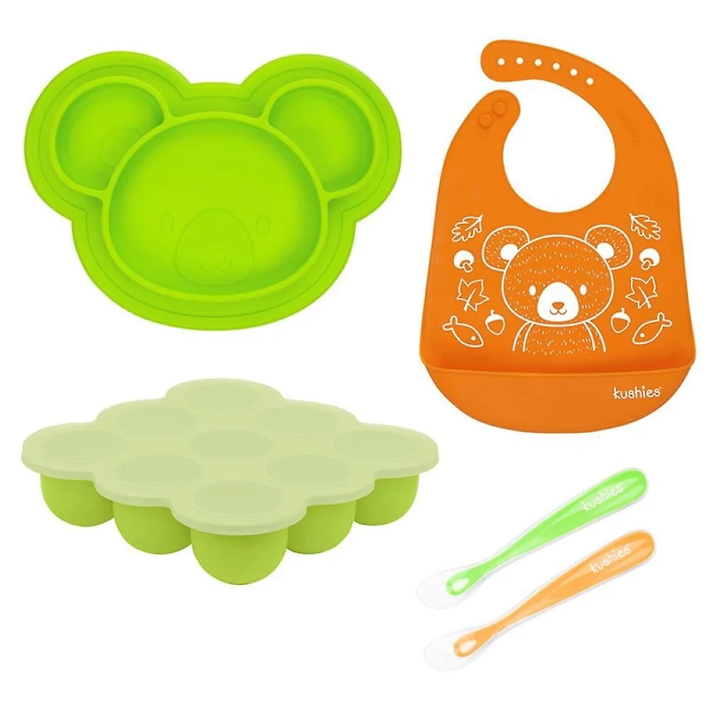 Kushies 5 Piece 100% Silicone Feeding Meal Set – Dishwasher & Microwave Safe - Neutral - 6 months +