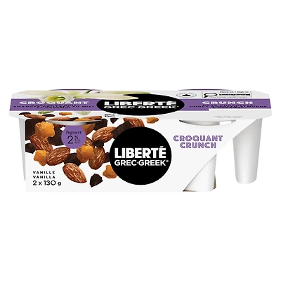Liberté Grec Yogourt 2 % Croquant, Gousse de vanille, coupes avec chocolat noir, amandes salées et garnitures au caramel, 130 g, 2 u.