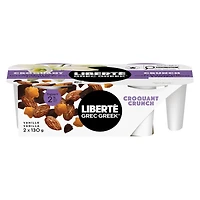 Liberté Grec Yogourt 2 % Croquant, Gousse de vanille, coupes avec chocolat noir, amandes salées et garnitures au caramel, 130 g, 2 u.
