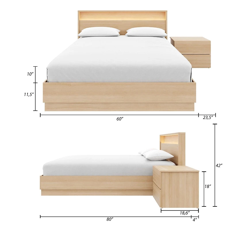Ensemble de chambre à coucher Hudson 3 pièces avec lit queen size, sommier à lattes, tête de lit avec éclairage intégré et table de chevet