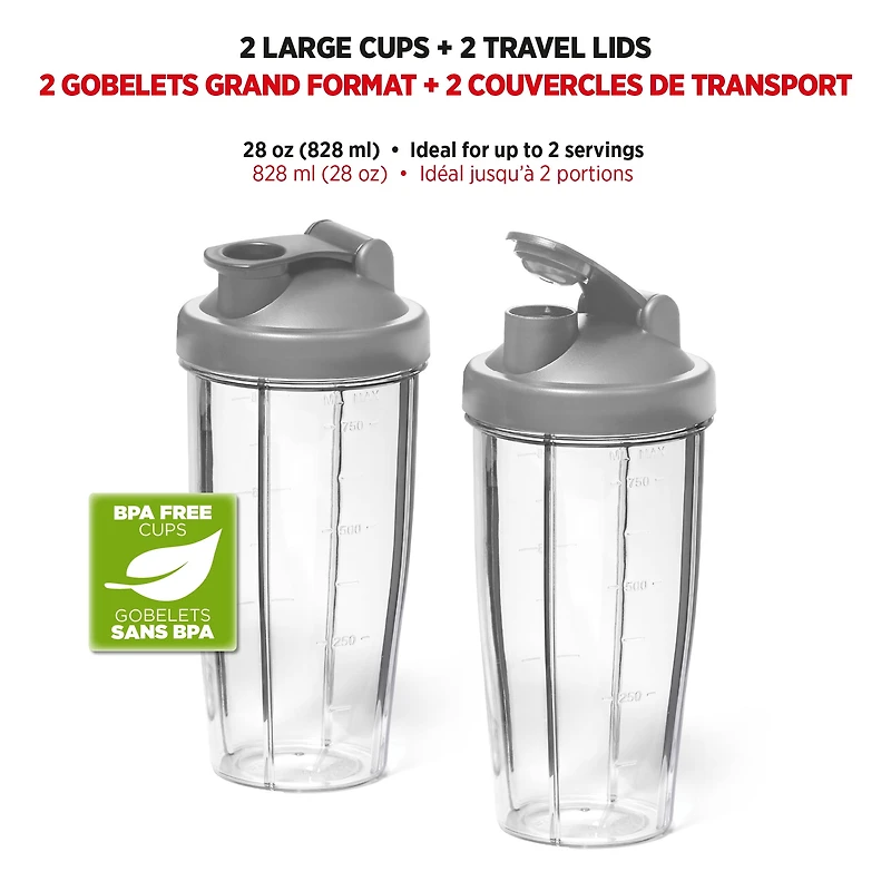 Starfrit 7 pcs  Personal Blender, 2 x 28oz (828ml) cups, 2 x travel lids, 2 blades, 3 speed modes: Low, High & Pulse, 300W, Blend smoothies, shakes, and soups with ease! The Starfrit Personal Blender has a 300W motor, 3 speeds, 2 tumblers with lids, and safety features. Dishwasher-safe and BPA-free for quick, safe, and convenient use.