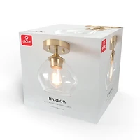 Plafonnier quasi affleurant à 1 ampoule Harrow, laiton mat, abat-jour en verre transparent