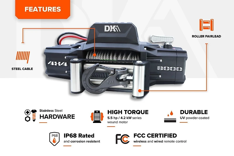 DK2 8,000 lb Premium Electric 4x4 Winch (Steel Cable Included)