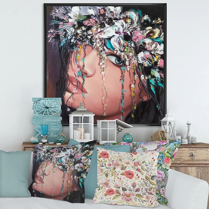 Designart Portrait Of A Young Lady With Flowers II FLOAT FRAME WALL ART