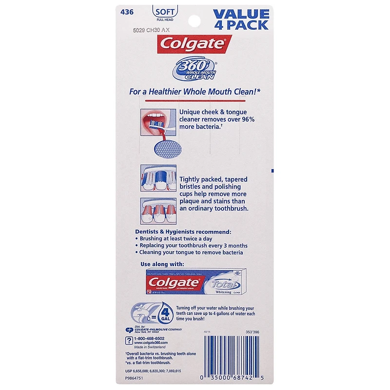 Colgate 360 Toothbrush with Tongue and Cheek Cleaner, Soft, 4 Pack