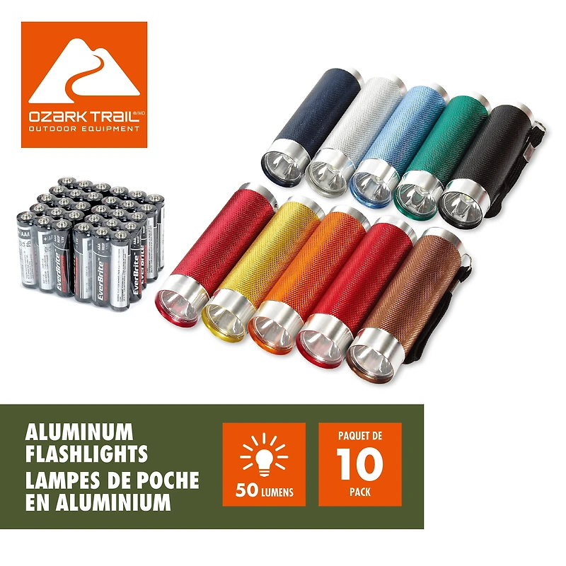 Lot de 10 lampes de poche DEL Ozark Trail, 50 lumens, multicolores, compactes, pour le camping et les urgences