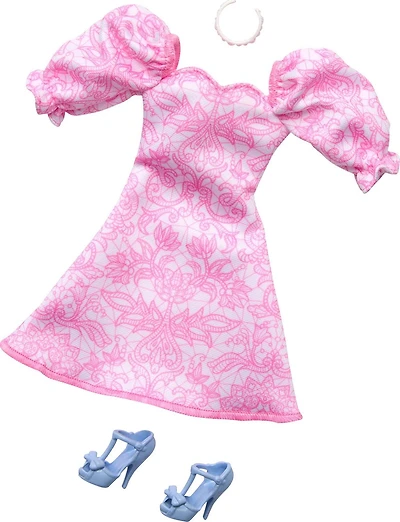 Barbie Doll Clothing, Fashion Pack with Pink Puff Sleeve Dress & Accessories (1 Outfit)