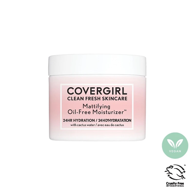 COVERGIRL Clean Fresh Skincare Mattifying Oil-Free Moisturizer, 60ml. Mattifying face moisturizer formulated with Cactus Water for 24HR Balanced Hydration, 100% Vegan & Cruelty-Free, 60ML Moisturizer