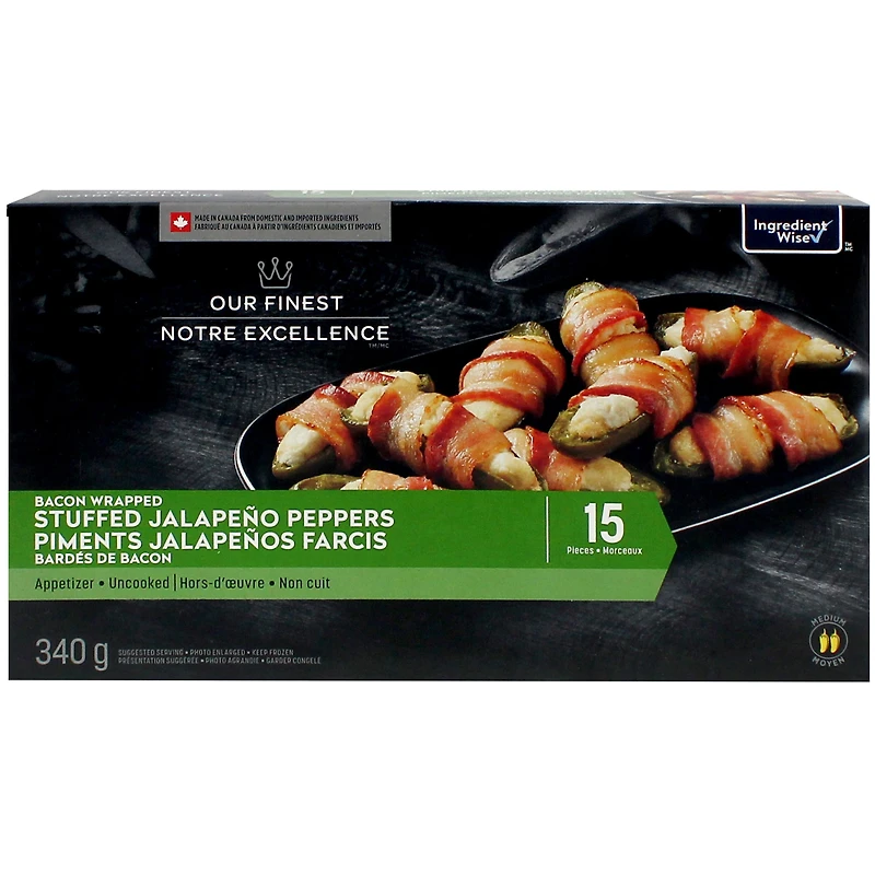 Piments jalapeños farcis barbés de bacon Notre Excellence 15 pièces, 340 g