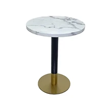 Round Dining Table combines timeless elegance with contemporary design.Luxurious faux marble top, brushed gold detailing, and a sturdy matte black base.
