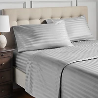 Ensemble de draps pour lit adulte en coton égyptien gris rayures 600 contexture, 4 pièces, hotel style, grand lit - Poche profonde Ensemble de draps grand lit