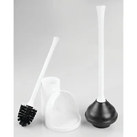Mainstays Una Valet WC, balayette à Toilettes et Ventouse WC en Plastique pour Le ménage, lot WC hygiénique Discret pour la Salle de Bain, Blanc Brosse et piston à bol mince