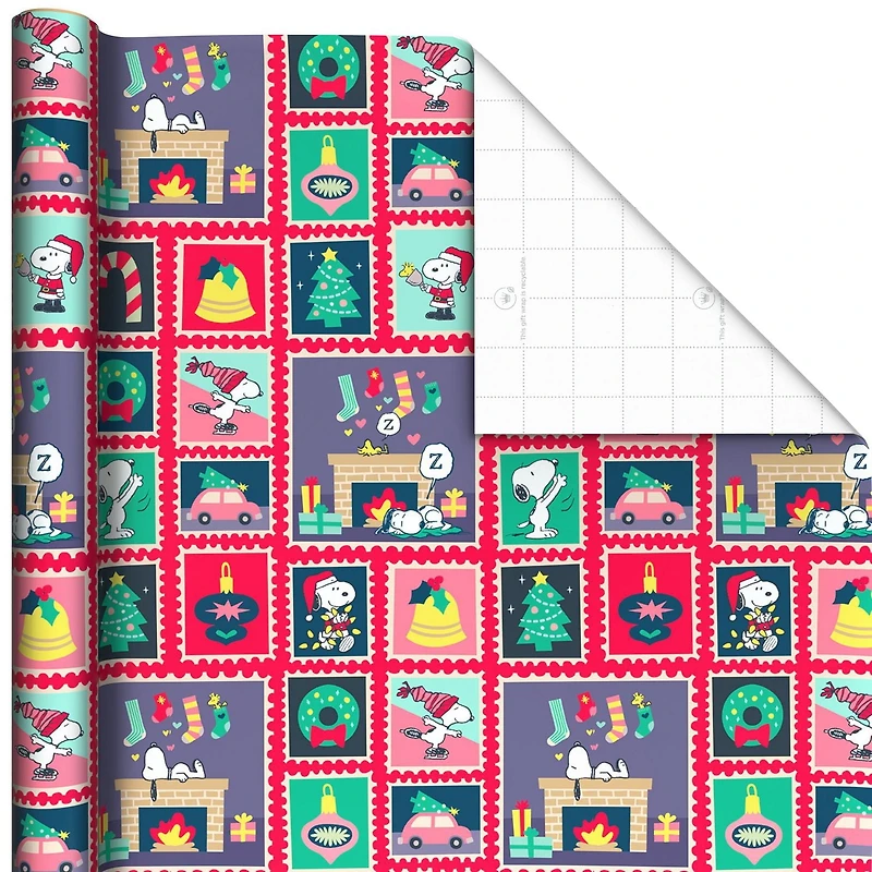 Papier d'emballage de Noël, avec lignes de découpage au verso, Peanuts, Hallmark (3 rouleaux : 60 pieds carrés)