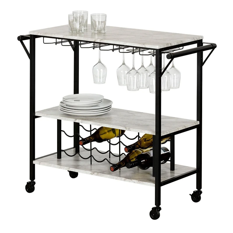 South Shore Maliza Chariot bar avec rangement à bouteilles et verres à vin
