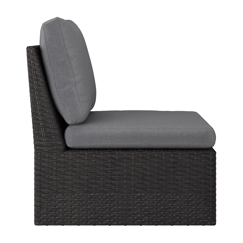 CorLiving Brisbane, canapé d'angle central de terrasse en résine tressée antirouille avec coussins, gris anthracite/gris clair