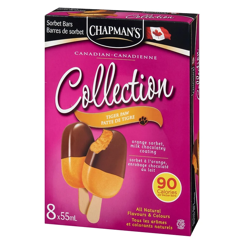 Chapman's Low Calorie Canadian Collection Tiger Paw Sorbet Bars in a Carton, 8 x 55mL