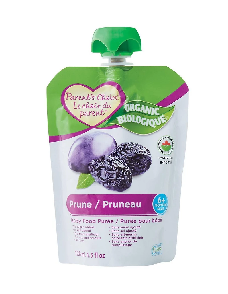 Purée biologique pour bébés Le choix du parent à saveur de prune 128 ml