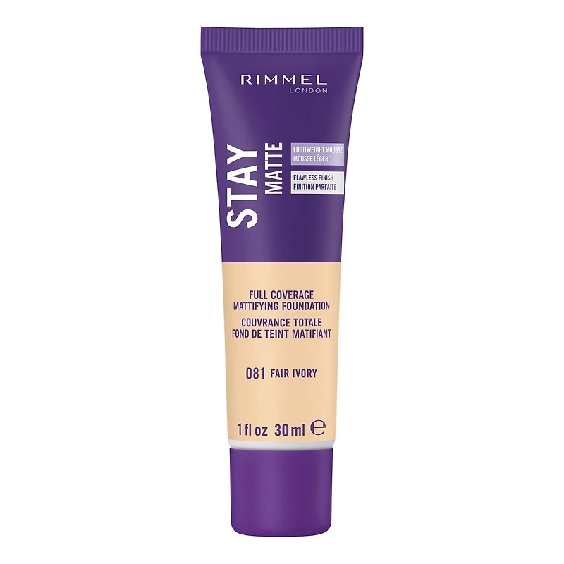 Rimmel Stay Matte Foundation, lightweight, silky formula, light liquid mousse and anti-pollution complex, 24H wear, 100% Cruelty-Free