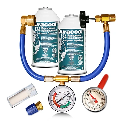 Duracool® 12a Super Refrigerant Recharge Kit, for R-134a mobile air-conditioning (A/C) Systems. Contains 2 Cans Refrigerant, Charging Hose with Pressure Gauge & Quick Connect, Vent Thermometer.