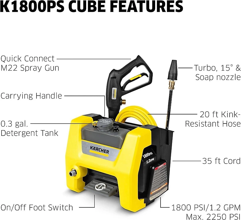 Karcher K1800PS Cube Electric Power Pressure Washer with Turbo, 15°, & Soap Nozzles