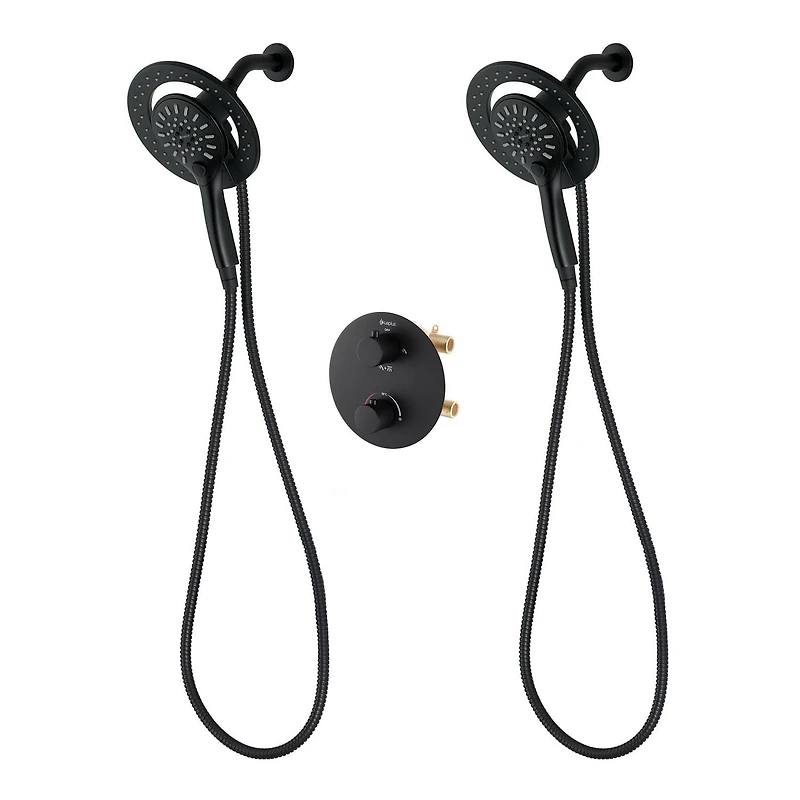 Thermostatique valve ronde, déviateur 4 voies, 2 douchettes magnetique avec boutons poussoirs