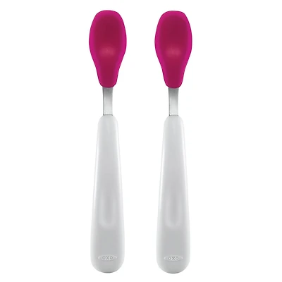 OXO Tot - Ensemble de cuillères d'alimentation - Bord en silicone souple sur la cuillère - Ustensiles d'alimentation pour bébés et tout-petits - Rose
