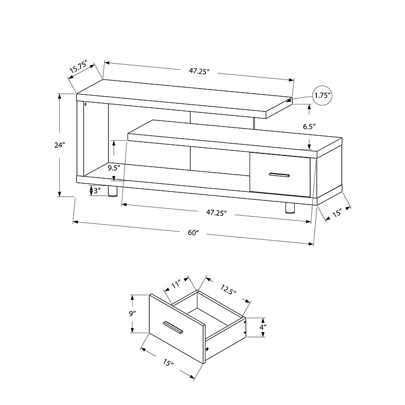 Monarch Specialties Meuble Tv, 60 Pouces, Console, Centre De Divertissement Média, Unite De Rangement, Salon, Chambre À Coucher, Stratifié, Blanc, Contemporain, Moderne