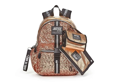 Justice™ Brand Girls Gold Sequin Multi Compartment 17” Backpack Value Set Includes Insulated Lunch Bag and Pencil Case.