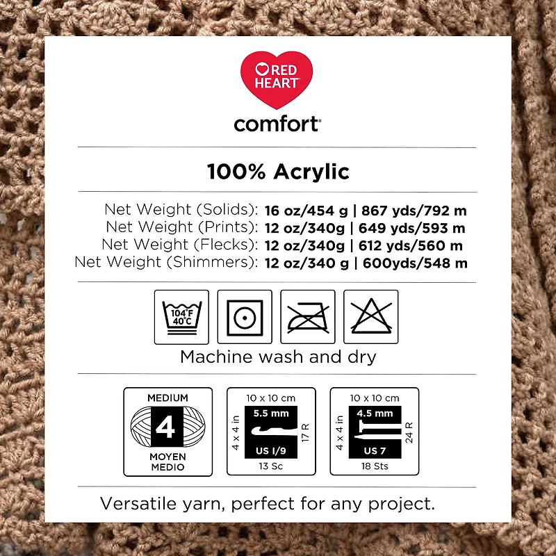 Red Heart® Fil Comfort®, Solide, Acrylique #4 Moyen, 16oz/454g, 867 Yards Fil polyvalent grande taille de pelote