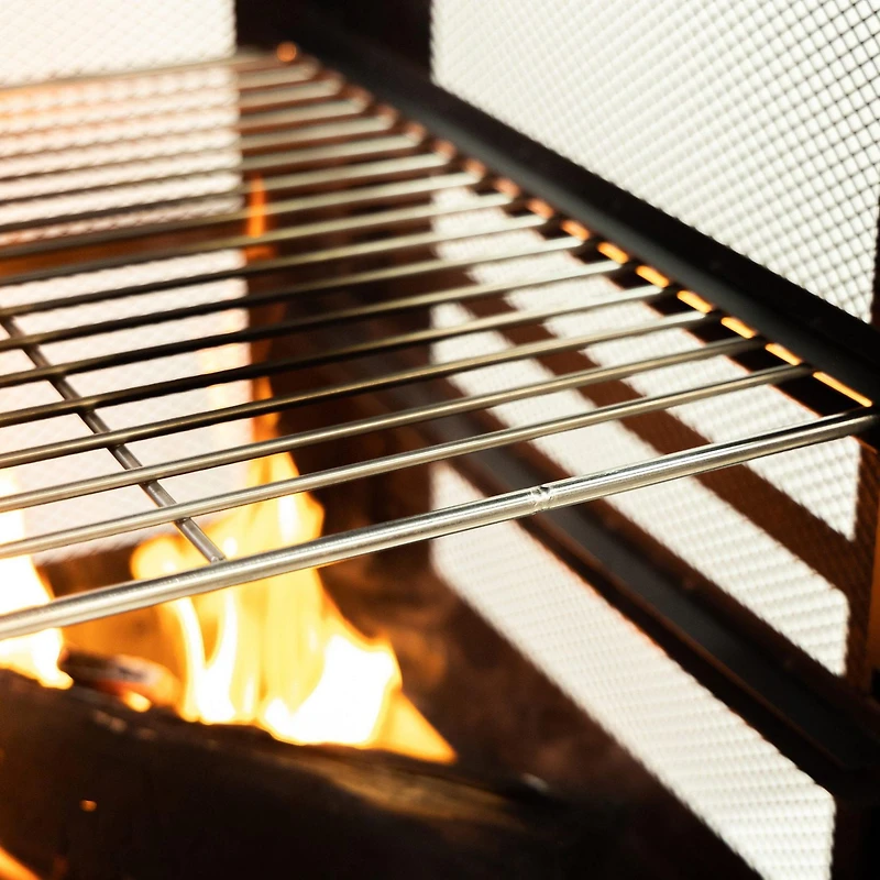 Deko Living 26" Square Outdoor Steel Wood Burning Fireplace with Cast Iron Cooking Grill, Log Storage and Poker