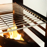 Deko Living 26" Square Outdoor Steel Wood Burning Fireplace with Cast Iron Cooking Grill, Log Storage and Poker