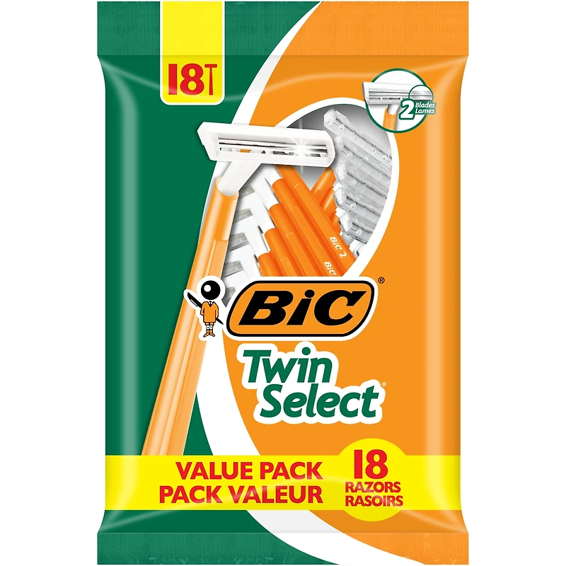 BIC Twin Select Sensitive Skin Men's Disposable Razor, 2-Blade, 18-Count, Manual Shaving Razor