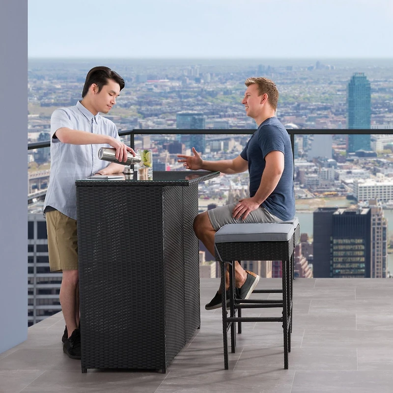 CorLiving Parksville 3-Piece Stylish and Durable Black Resin Wicker and Steel Patio Bar Set with Barstools with Grey Cushions