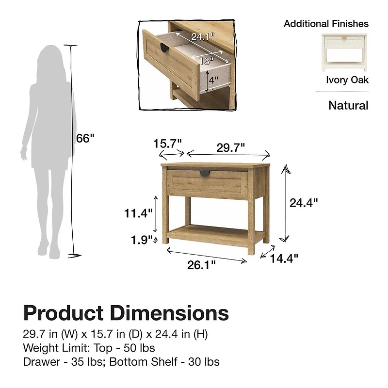 Mr. Kate Primrose Wide 1 Drawer Nightstand with Open Shelf, Natural