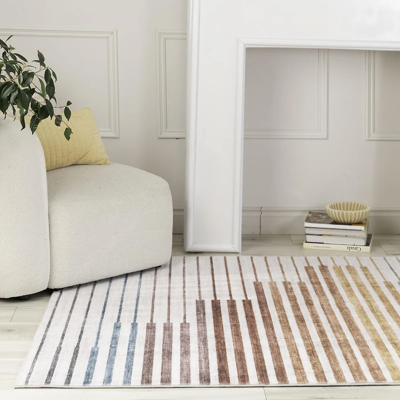 Tapis d'interieur a rayures colorees Eclipse Branch, arc-en-ciel, blanc beige, abstrait - Salon, chambre, salle a manger et bureau<br>