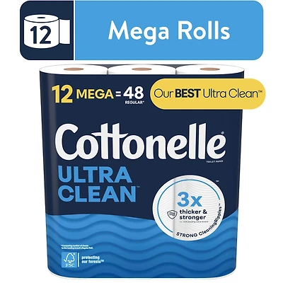 Cottonelle Ultra Clean Toilet Paper, 12 Mega Rolls, 284 Sheets per Roll