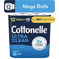 Cottonelle Ultra Clean Toilet Paper, 12 Mega Rolls, 284 Sheets per Roll