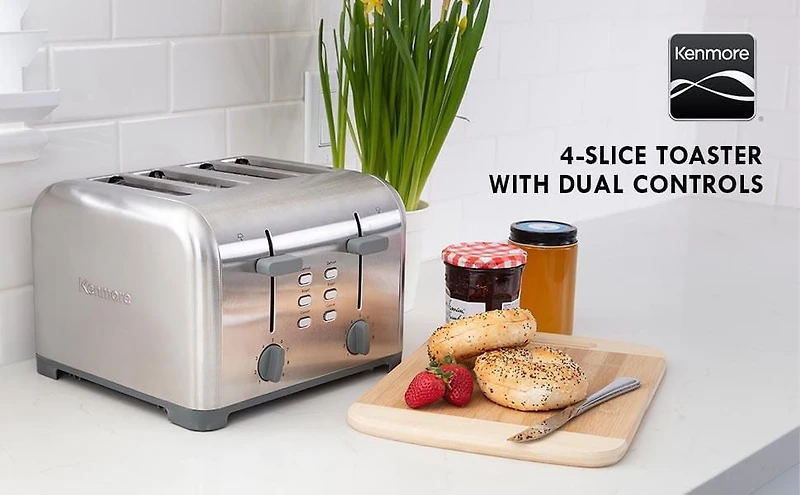 Kenmore Grille-Pain 4 Tranches, Commandes Doubles, Acier Inoxydable, Réglages de Brunissement Personnalisés