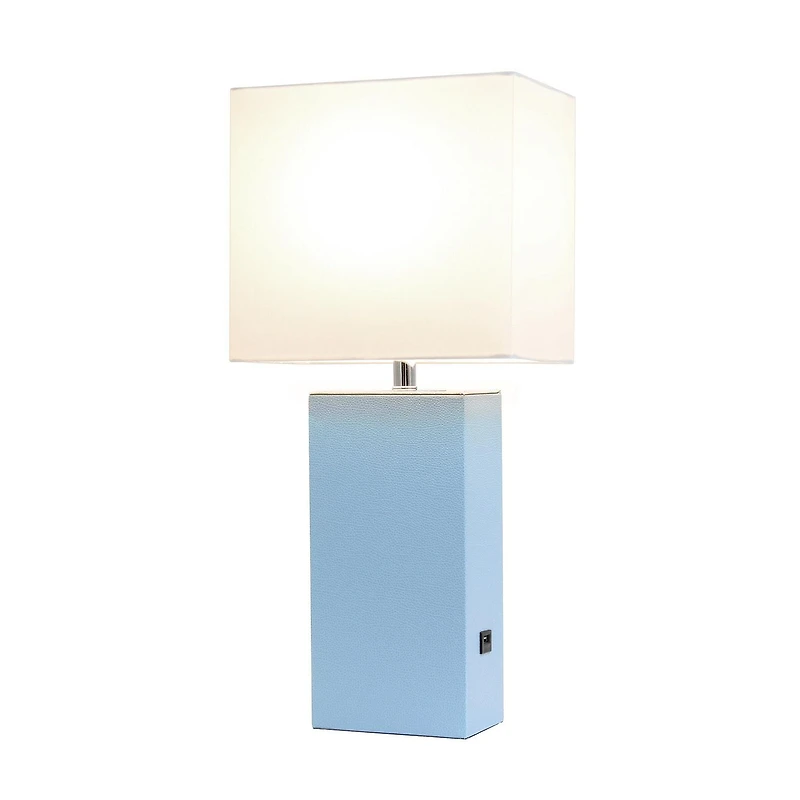 Lampe de table design moderne en cuir élégant avec abat-jour USB et tissu blanc