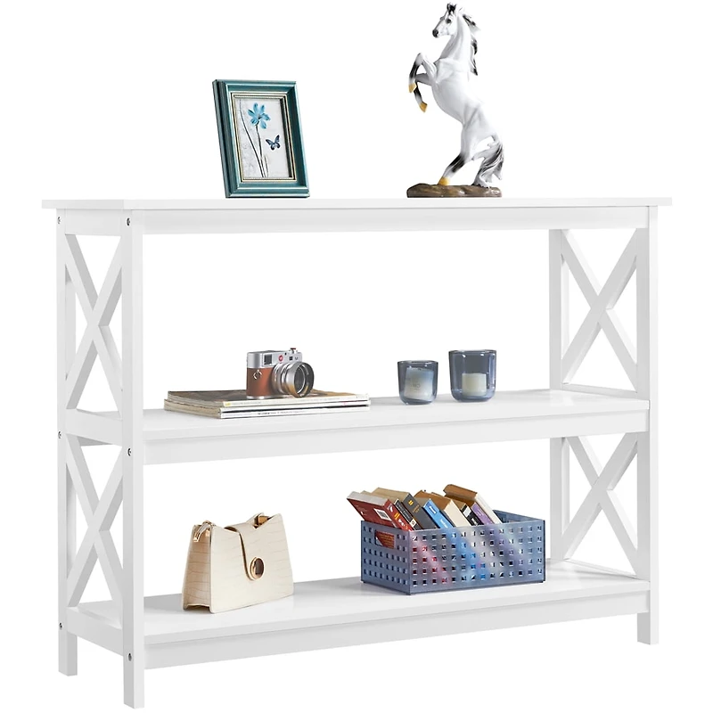 FULLFURNIQUE  3-Tier Console Table Entryway Table with X-shape Reinforcement Structures for Living Room, White
