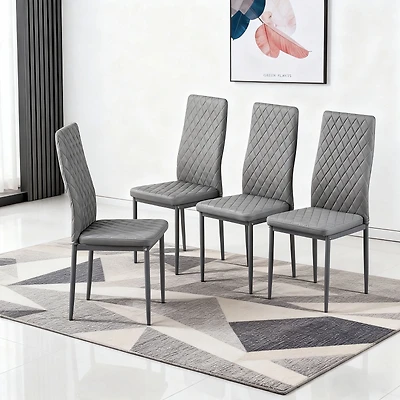 Noble House Modern Dining Chair Set of 4, Fireproof Leather Upholstery with Diamond Grid Pattern and Metal Frame,Gray