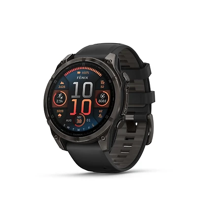 Montre intelligente GPS Garmin fēnix® 8 avec écran AMOLED et objectif saphir - 47 mm - Lunette en titane DLC gris carbone avec bracelet en silicone noir/gris galet