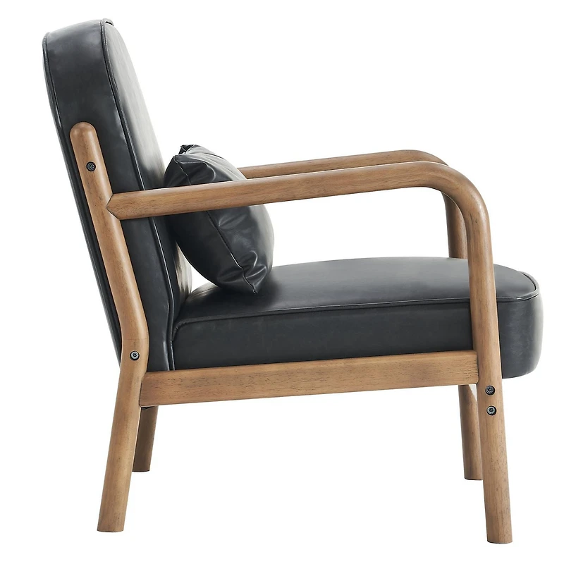 Milieu du siècle moderne Similicuir et Bois Massif Fauteuil, Similicuir - Noir et Noyer