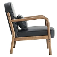 Milieu du siècle moderne Similicuir et Bois Massif Fauteuil, Similicuir - Noir et Noyer
