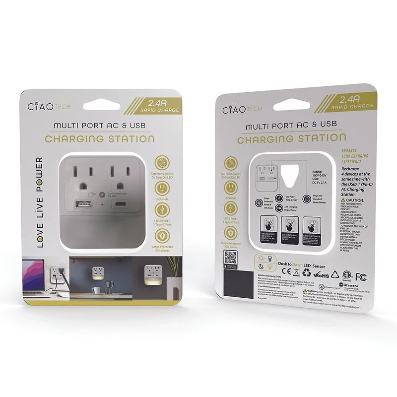 CIAO-TECH 2 AC Outlets +1 USB-A +1 USB-C Output Ports with LED Dusk to Dawn Sensing Light & 540 Joules Surge Protection- White