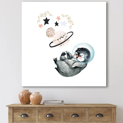 Designart Petit Pingouin avec des étoiles et des planètes I Art mural sur toile