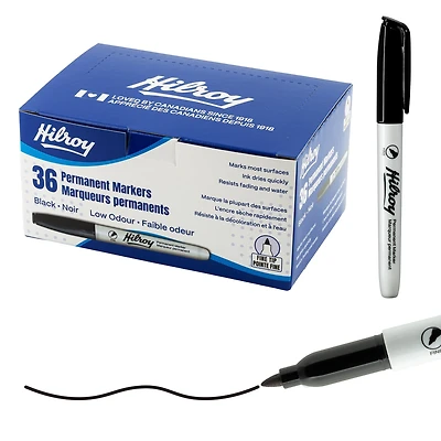Hilroy Marqueurs permanents, marqueur permanent, faible odeur, pointe fine, noir, paquet de 36