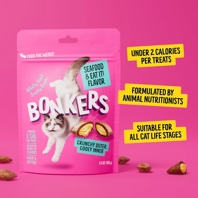 BONKERS Gâteries pour chat croquantes et moelleuses, saveur Friand de fruits de mer, 3 OZ 85g