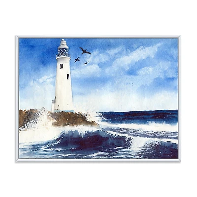 Designart Phare sur l'île rocheuse avec des mouettes ART MURAL À CADRE FLOTTÉ